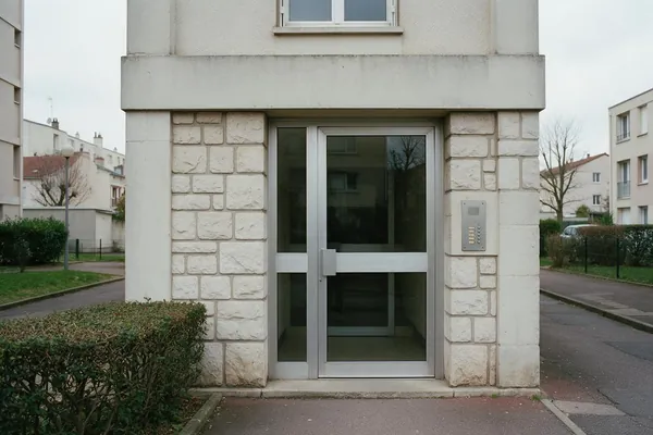 Entrée d'un immeuble résidentiel de banlieue parisienne