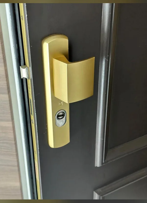 Poignée de porte blindée posée sur une porte palière