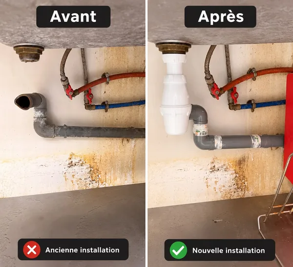 Évacuation sous évier remplacée, avant et après